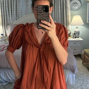 Pilcro Rust Tie-Neck Puff Sleeve Blouse
